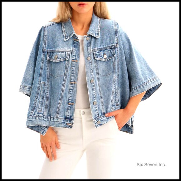 Oversized Cropped Denim Jacket with Cape Design and Pockets